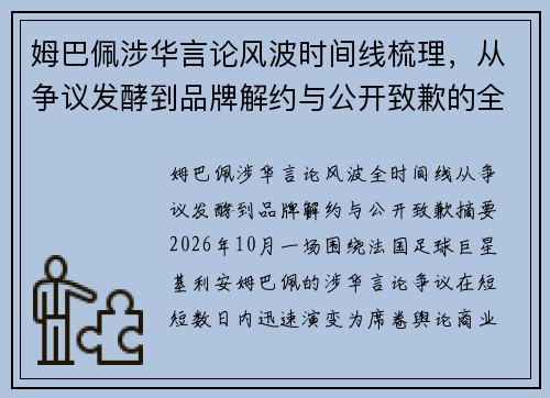 姆巴佩涉华言论风波时间线梳理,从争议发酵到品牌解约与公开致歉的全过程 姆巴佩涉华言论风波时间线梳理,从争议发酵到品牌解约与公开致歉的全过程